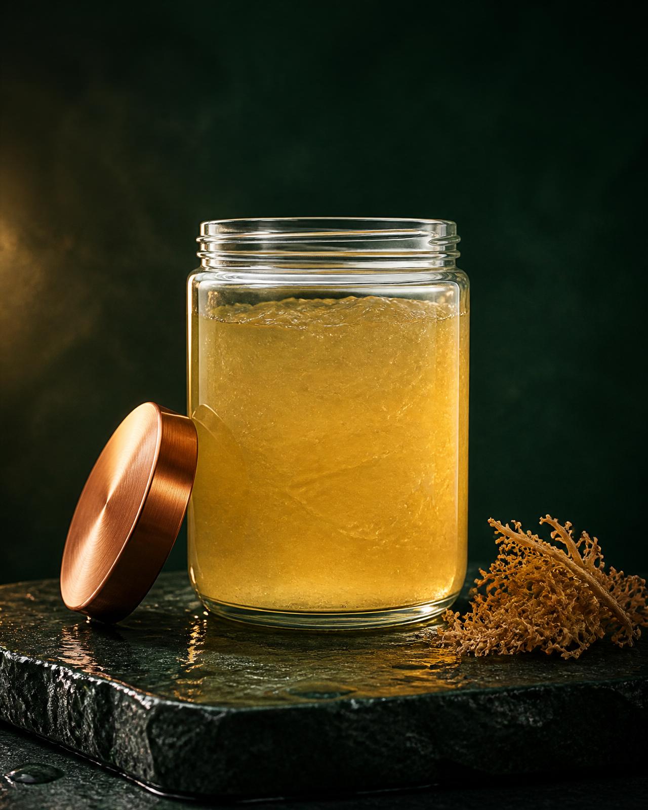 Jar of raw St. Lucian sea moss gel on wet stone